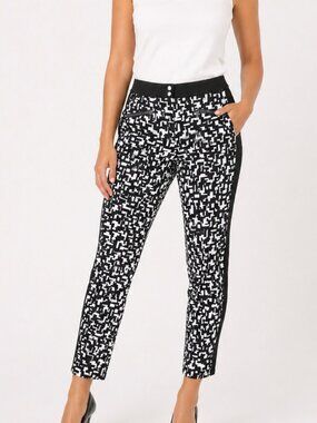 Trina Turk Cropped Pants Womens 8 Black White Abstract Slim Fit Ankle Work Pants